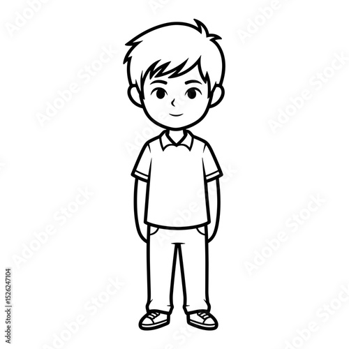 Smiling schoolboy standing confidently with hands at his sides in a cheerful line art style