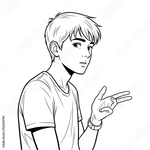 Student gesturing with a hand sign, showcasing cool confidence in a modern line art style