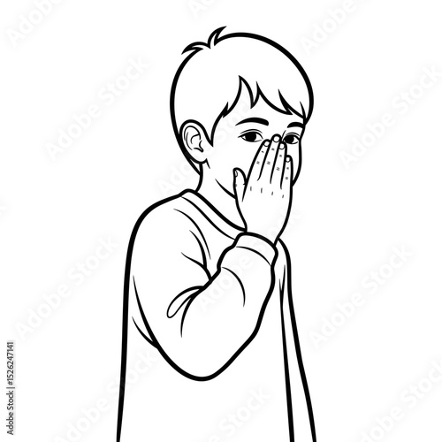Young boy whispering with a playful expression, showcasing mischief in a charming line art style
