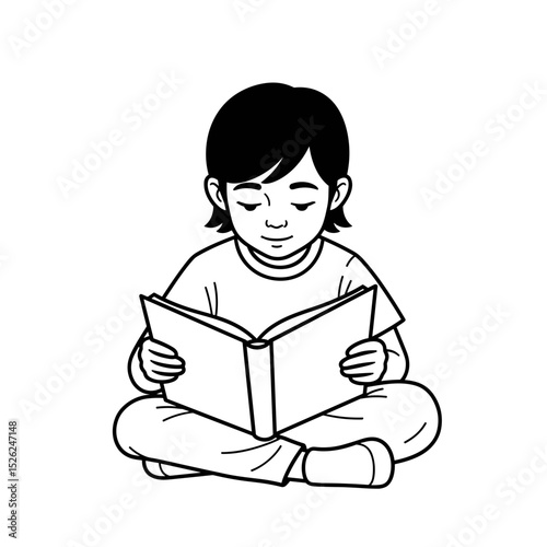 Schoolboy sitting cross-legged and reading a book with a joyful expression in a simple line art style