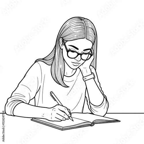 Thoughtful student writing in a notebook while resting her chin in hand in a detailed line art style
