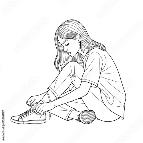 Student tying her shoelaces while sitting thoughtfully in a relaxed line art style