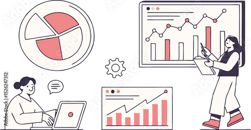 Business analytics graphic featuring charts graphs and people working on data analysis projects for presentations reports and websites.