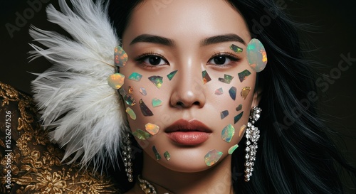 Artistic makeup portrait woman feather spots