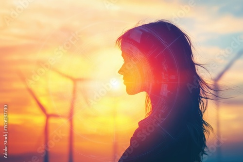 Silhouette of a woman against a sunset with wind turbines, symbolizing clean energy and a sustainable future.