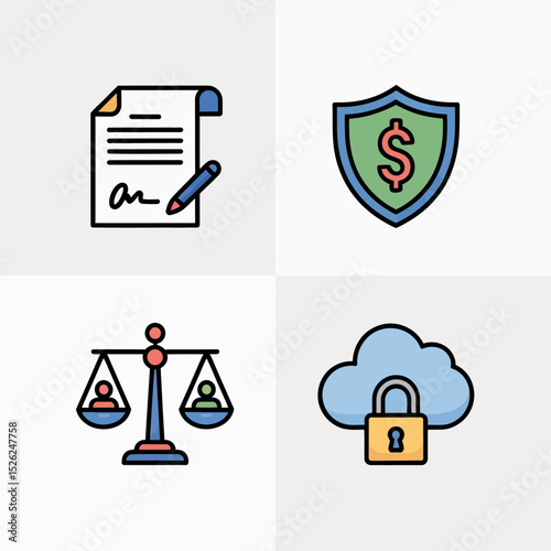 Trusted partnership and contract icons showing signed file, approved deal, agreement wallet and financial protection.