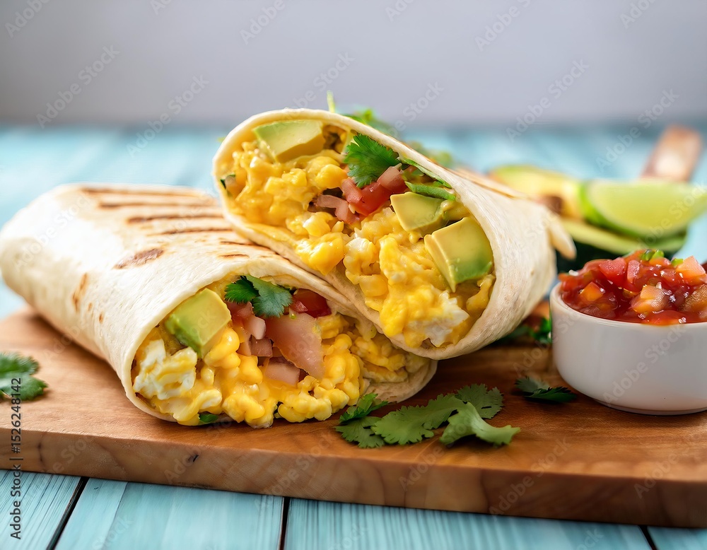 Delicious breakfast burrito with scrambled eggs, avocado and pico de gallo on wooden cutting board Delicious breakfast burrito with scrambled eggs, avocado and pico de gallo on wooden cutting board