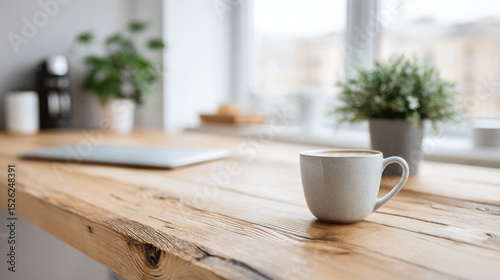 Wallpaper Mural A cozy workspace featuring a wooden table, a white coffee cup, a laptop, and green plants near a window. Natural light brightens the scene. Torontodigital.ca