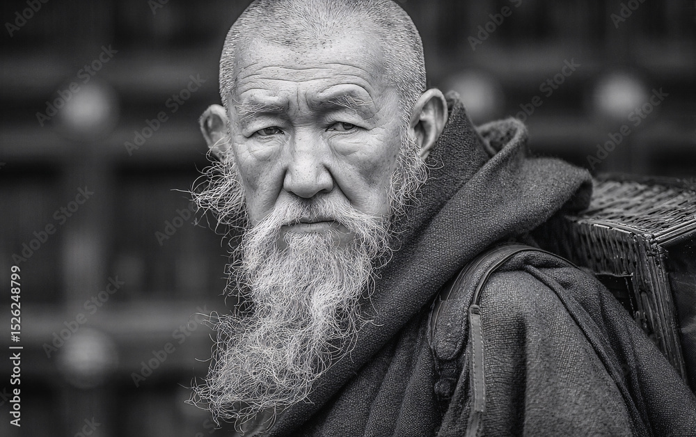 Fototapeta premium Dramatic Black and White Portrait of Bearded Elder in Hood