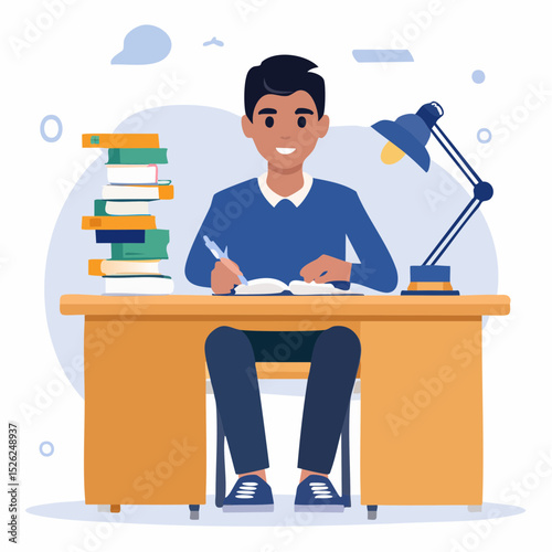 Focused Study: A young student, with a focused and friendly demeanor, is engrossed in his studies, seated at a desk surrounded by stacked books, under the soft glow of a desk lamp.