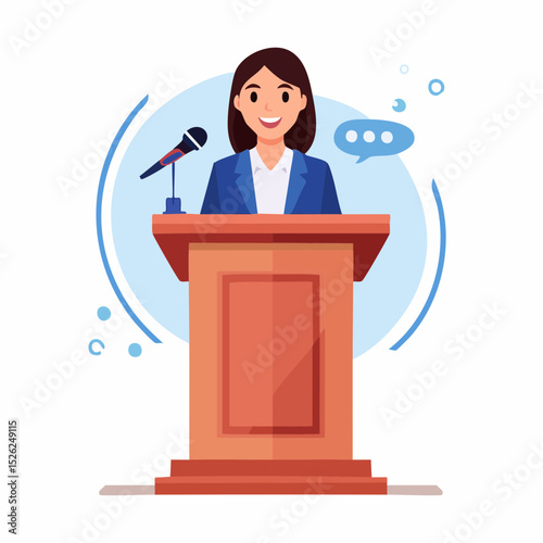 Public Speaker Delivering Message: An illustration of a poised public speaker standing confidently behind a wooden podium, addressing an unseen audience with a microphone and a speech bubble.