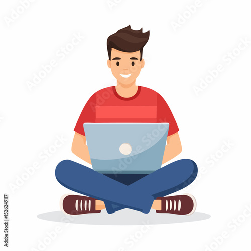 Digital Serenity: A young individual finds focus and contentment working on a laptop, creating a scene of contemporary technology and serene workflow. 