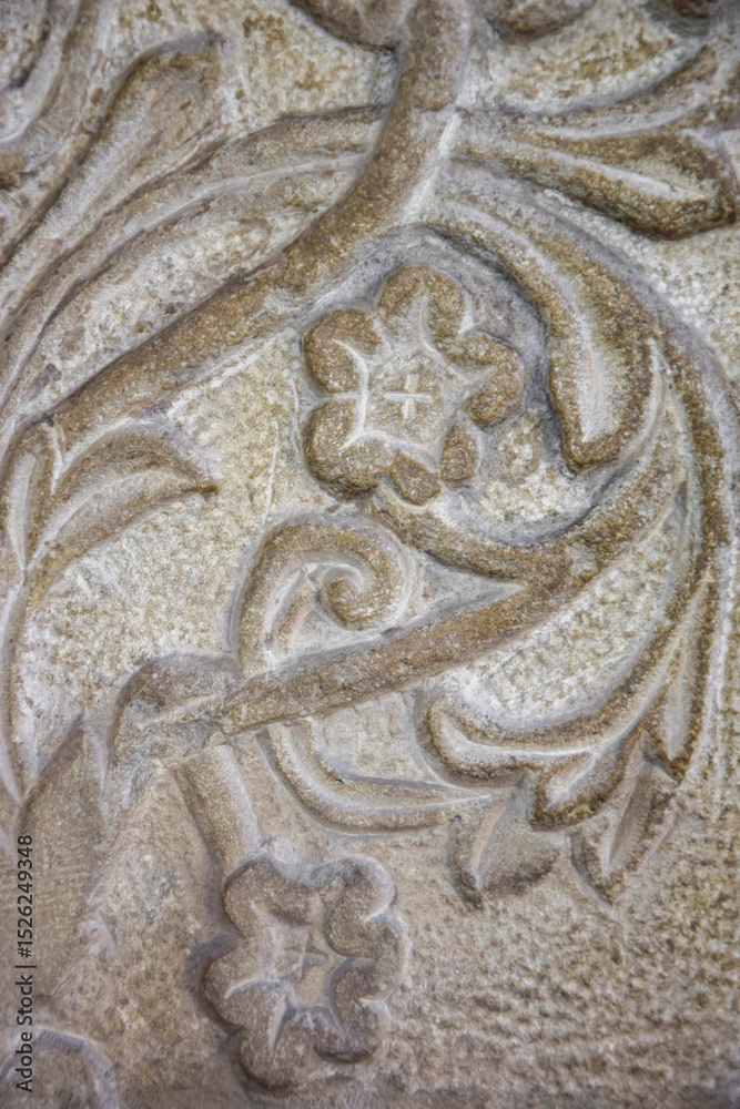 Obraz premium Floral stone carving, pattern marble background, ornate design, wall decor. Copy space