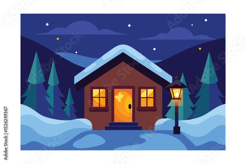 Cartoon Snowy Cabin Porch with Warm Lantern 