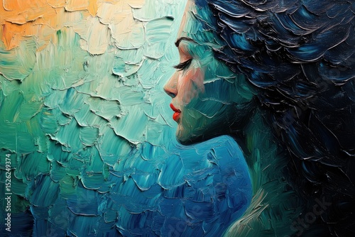 Impasto painting of a woman's profile, serene expression,  vibrant teal and blue hues.