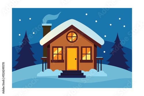 Cartoon Snowy Cabin Porch with Warm Lantern 