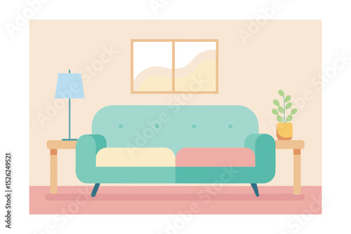 Modern Living Room Interior Design Pastel Sofa, Minimalist Decor, and Tranquil Ambiance