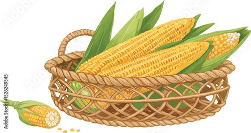 Corn in basket in white background vector design, Corn vector design, Corn Kernels vector design