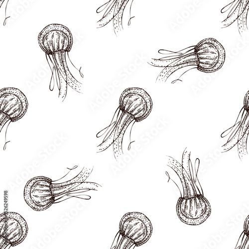Hand drawn vintage seamless pattern of jellyfish in brown ink engraving style, detailed ocean wildlife sketch illustration