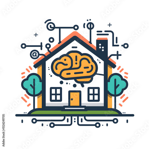 Smart home controlled by artificial intelligence, brain representing central system
