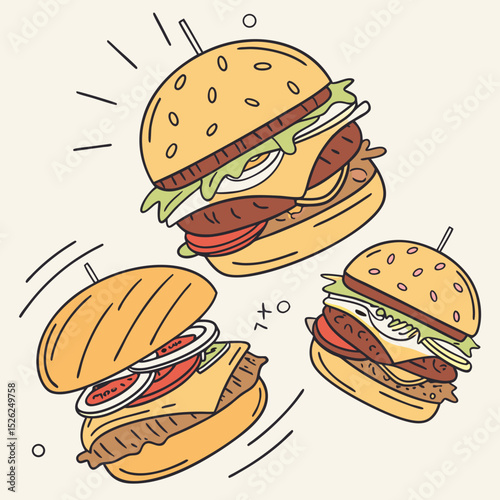 Three stylized burgers with sesame seed buns, lettuce, tomato, cheese, and onion