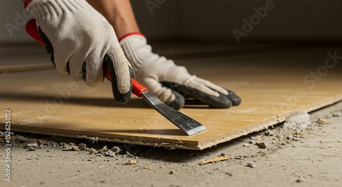 Close-up of worker's gloved hands using a chisel to pry up old flooring material during a home renovation project. Manual labor dismantling a damaged floor for replacement.