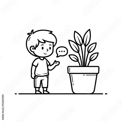 Young boy talking to a potted plant with curiosity and imagination in a playful line art style
