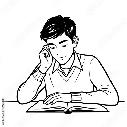 Student reading a book thoughtfully while resting his chin in hand in a detailed line art style