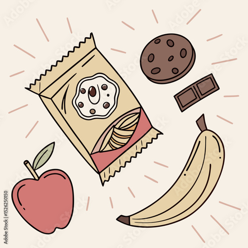 Whimsical snack assortment featuring a cookie bar, chocolate, apple, banana, and cookie