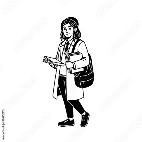 Jewish female student walking with books and a backpack, showcasing enthusiasm in a lively line art style