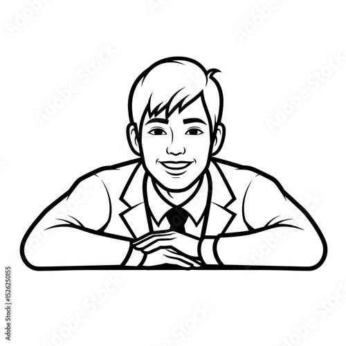 Smiling young man leaning forward with hands clasped, exuding confidence in a professional line art style
