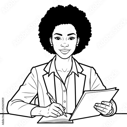 Black female professor writing notes and reviewing documents with focus in a professional line art style
