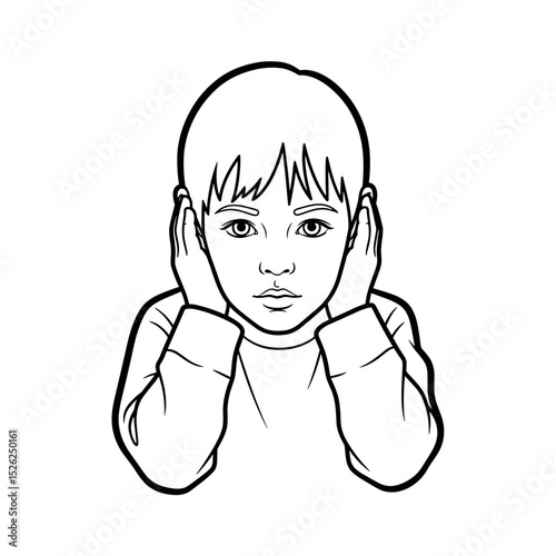 Schoolboy covering his ears with a concerned expression in a simple line art style