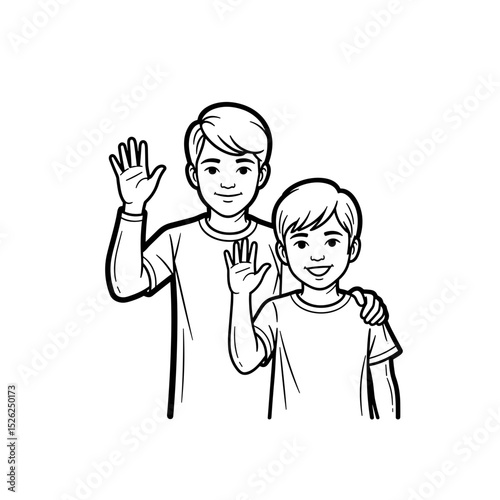 Schoolboys waving happily at the camera, showing friendship and joy in a cheerful line art style