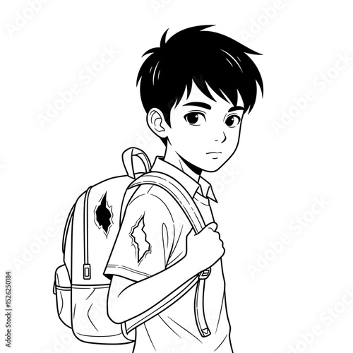 Schoolboy with a torn backpack looking determined in a line art style