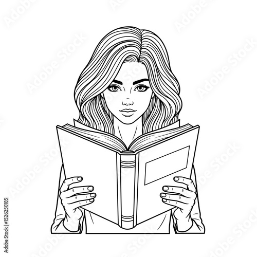 Female student reading a book with interest in a minimalistic style