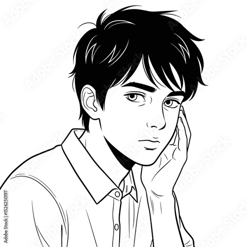 Thoughtful male student resting his chin on his hand in a contemplative portrait illustration
