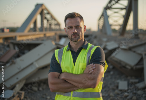 Man in reflective vest standing confidently by a collapsed bridge