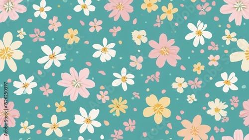 Colorful Floral Pattern With Pink, Yellow, and White Flowers on Teal Background, Charming seamless floral pattern featuring pastel pink, yellow, and white flowers on a teal backdrop.