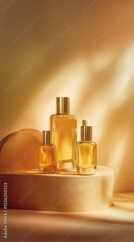 set of golden cosmetic bottles placed set of golden cosmetic bottles placed