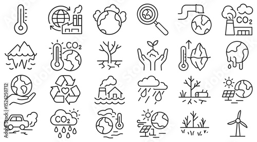 Line art icons collection of climate change concepts, illustrating environmental concerns and sustainable solutions