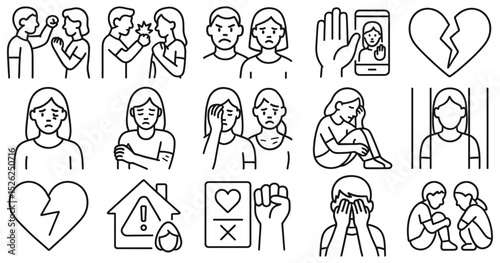Collection of linear icons representing domestic violence and abuse against women and children, a social issue