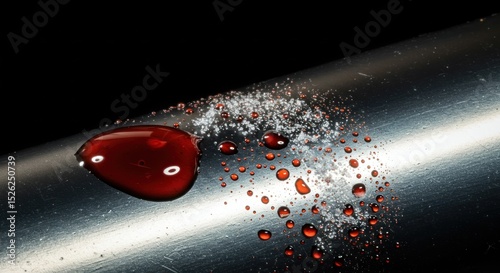 Red element on metallic surface with sparkling trail