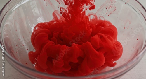 Red viscous substance in glass container macro photography