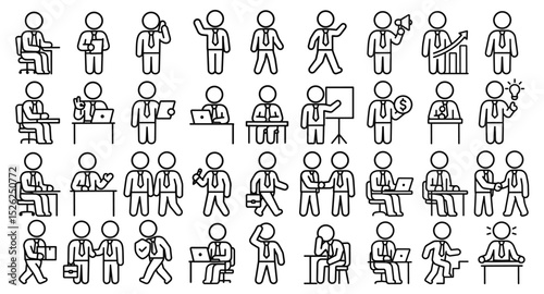 Collection of diverse business stick figure icons representing various activities and scenarios in outline design