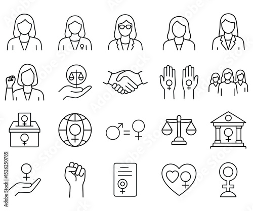 Empowering women an illustration showcasing gender equality and feminism through diverse line art icons