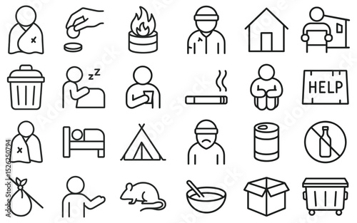 Illustrations depicting homelessness and poverty, raising awareness and promoting social change through visuals, line art icons