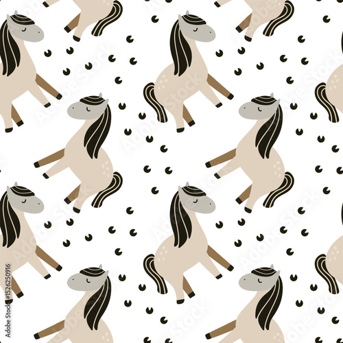 Seamless pattern of stylized cartoon horses in various poses and earthy tones on a muted gray background. Flat vector illustration, playful and minimalistic style, ideal for children's textiles	
