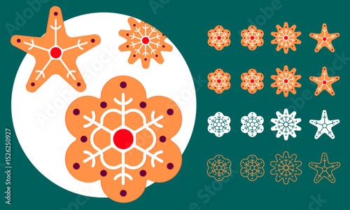 Gingerbread Christmas cookies shaped like stylized snowflakes and stars - festive vector icon set