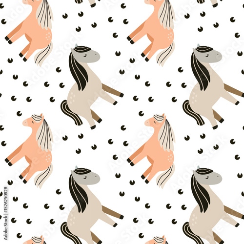 Seamless pattern of stylized cartoon horses in various poses and earthy tones on a muted gray background. Flat vector illustration, playful and minimalistic style, ideal for children's textiles	
